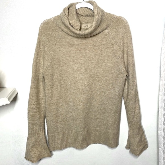 LOFT Soft Beige Knit Bell Sleeve Cowl Neck Sweater - Picture 2 of 3
